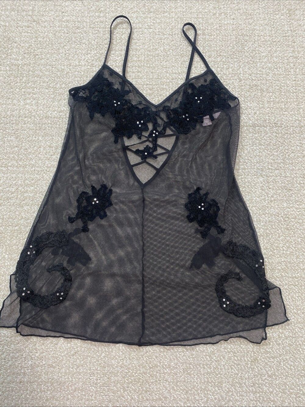 Victoria's Secret Black Mesh Floral Lingerie Dress Fairy Grunge Whimsigoth SZ M